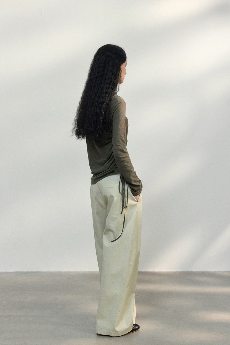 Fitted Textured Pleated Cotton Linen Knit Sweater