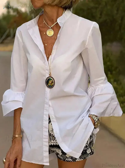 Flare Sleeve Solid Color V Neck Blouse WHITE / S blouse-250126