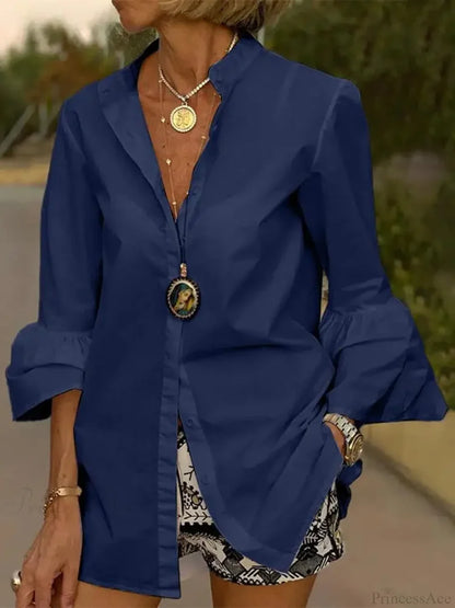 Flare Sleeve Solid Color V Neck Blouse Navy Blue / S blouse-250126