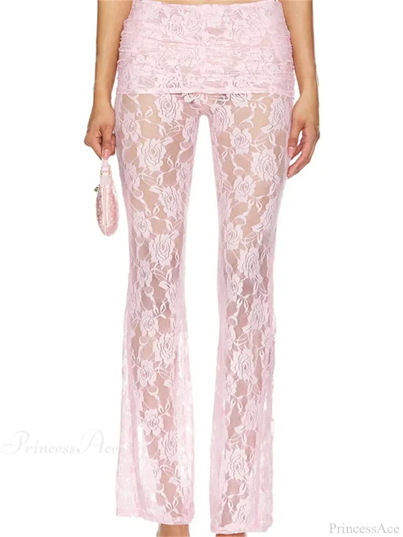 Flared Leg Lace See-Through Bootcut Fashion Pant PINK / S pant-250223