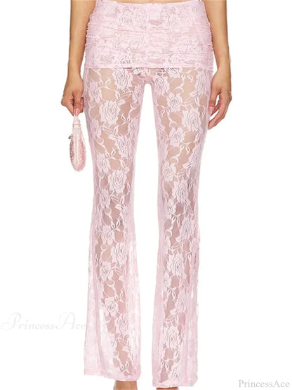 Flared Leg Lace See-Through Bootcut Fashion Pant PINK / S pant-250223