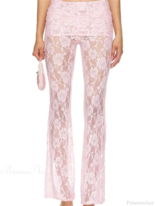 Flared Leg Lace See-Through Bootcut Fashion Pant PINK / S pant-250223