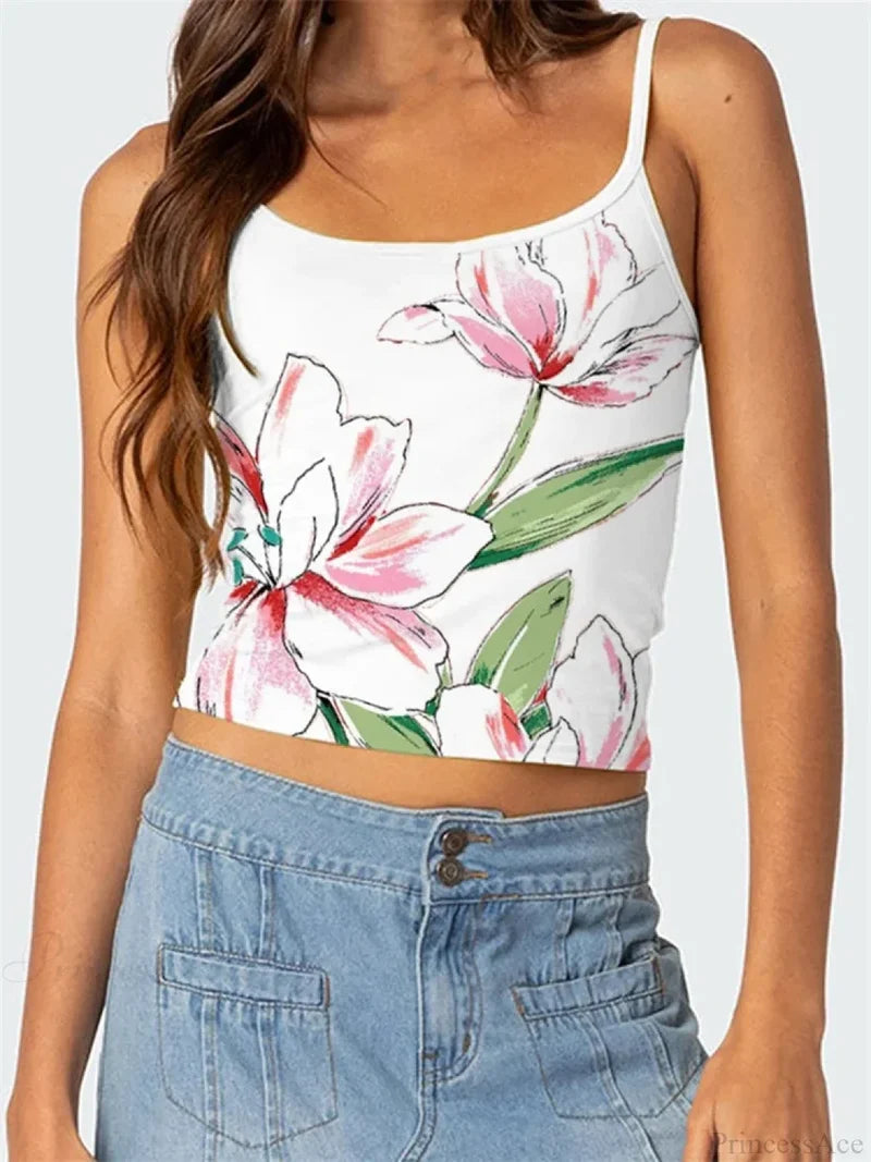 Floral Backless Spaghetti Strap Retro Crop Top WHITE3 / S croptop-250126