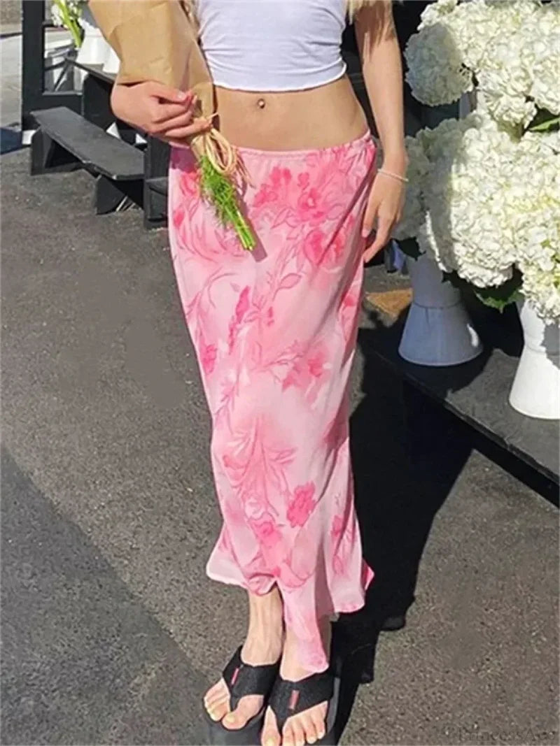 Floral Chiffon Low Waist Casual Retro Skirt Pink / S skirt-250126