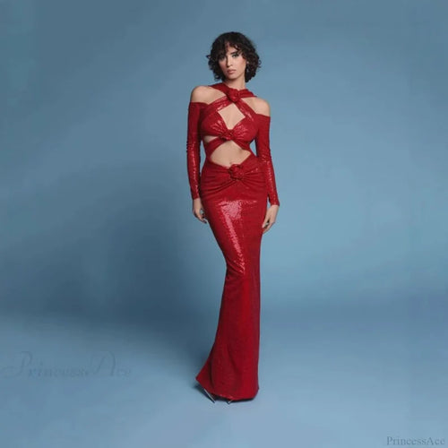 Floral Cutout Backless Sequin Prom Dress red / XS promdress-250223