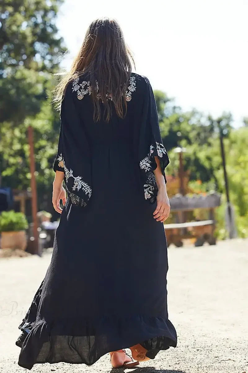 Floral Embroidery Backless Strapless Cotton Boho Dress bohodress-250126