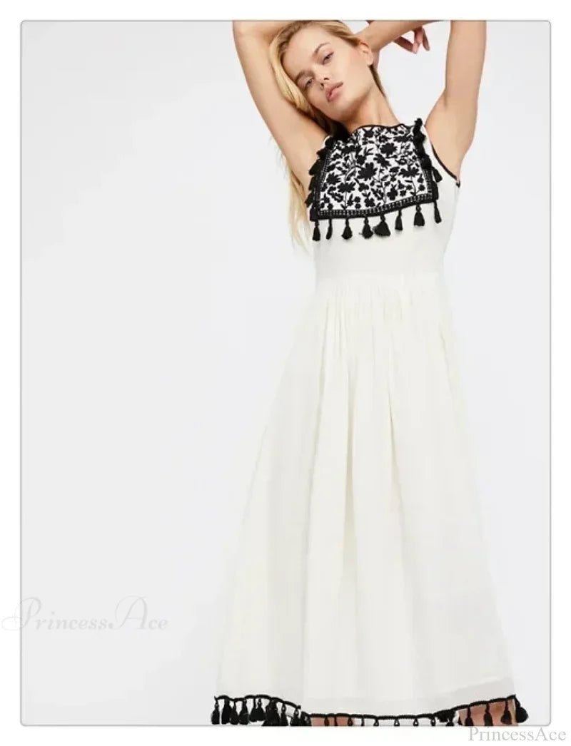 Floral Embroidery Sleeveless Tassel Cotton Boho Dress Black / S bohodress-250126