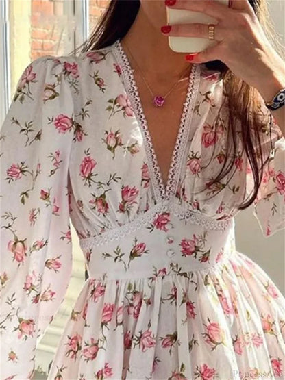 Floral Lantern-Sleeve Mini Dress minidress-250223