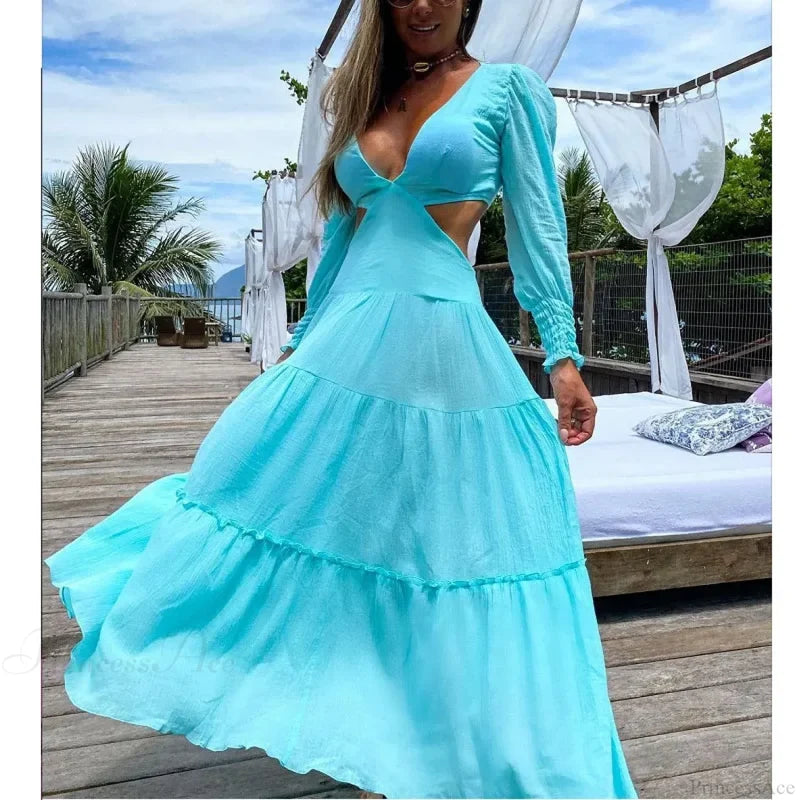 Floral Long Sleeve Beach Kimono Cover Up blue2 / S