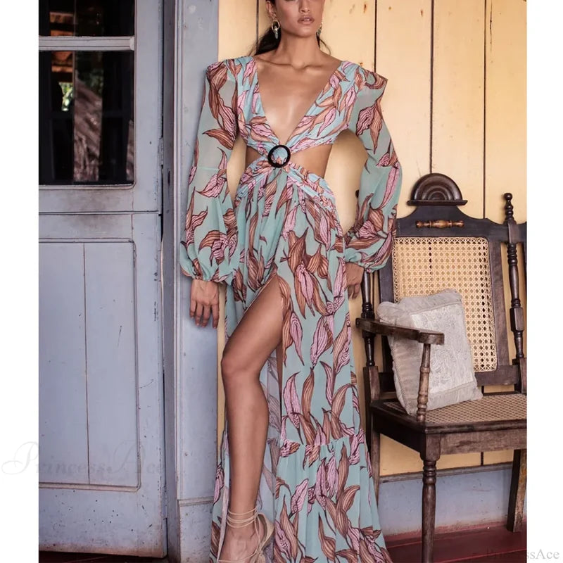 Floral Long Sleeve Beach Kimono Cover Up blue1 / S