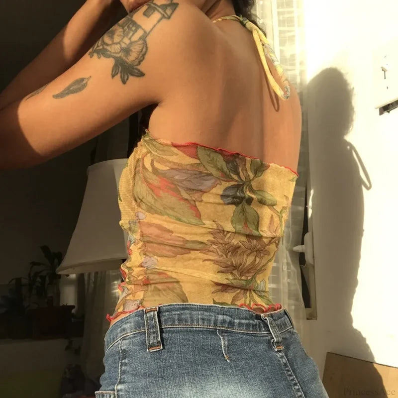 Floral Mesh Sheer Backless Halter Y2K Crop Top croptop-250126