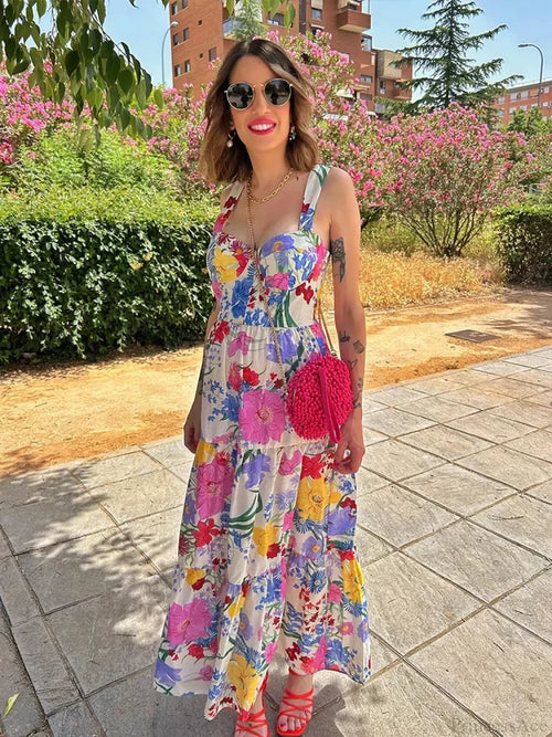 Floral Print A-line Backless Maxi Floral Dress printed / M floraldress-250126