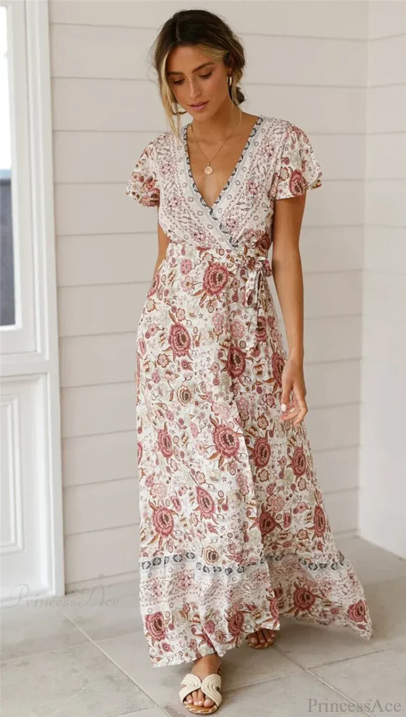 Floral Print Bat Sleeve Sashes Wrap Maxi Boho Cover-ups Beige / S bohodress-250126