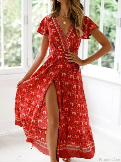 Floral Print Bat Sleeve Sashes Wrap Maxi Boho Cover-ups red 02 / S bohodress-250126