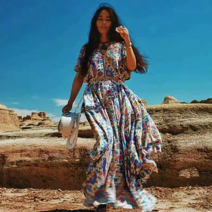 Floral Print Bat Sleeve V-neck Tassel Maxi Rayon Boho Dress bohodress-250126