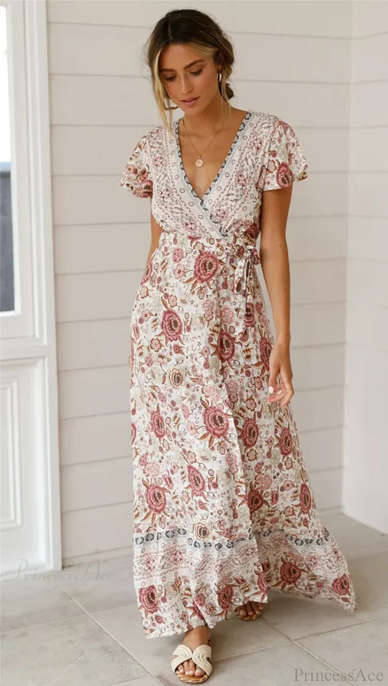 Floral Print Bat Sleeve Wrap V-neck Maxi Boho Dress Beige / S bohodress-250126