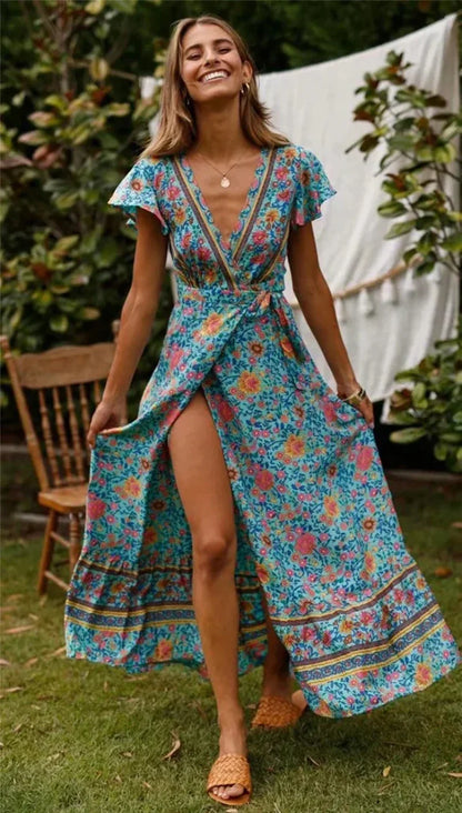 Floral Print Bat Sleeve Wrap V-neck Maxi Boho Dress Green / S bohodress-250126