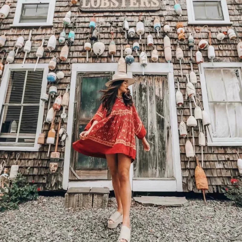 Floral Print Batwing Sleeve O-neck Summer Boho Dress bohodress-250126