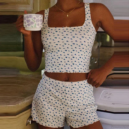 Floral Print Bow Trim Sleeveless Crop Tops Shorts Two Pieces Set black / S twopiecesset-250126