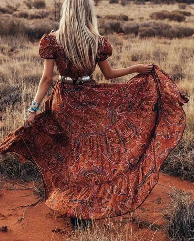 Floral Print Chiffon Boho Dress bohodress-250126