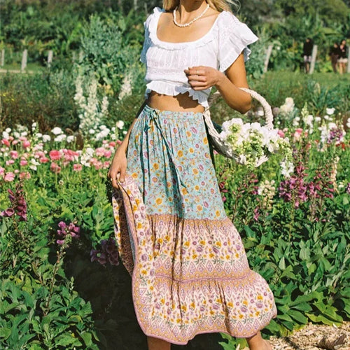 Floral Print Ethnic Beach Boho Rayon Skirt Green / S skirt-250126