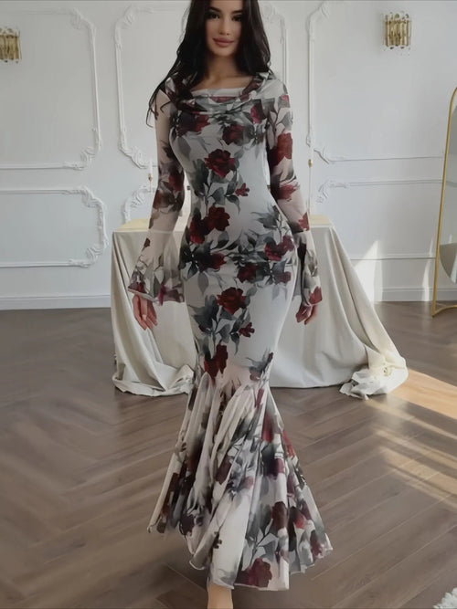 Floral Print Long Sleeve Romantic Party Dress