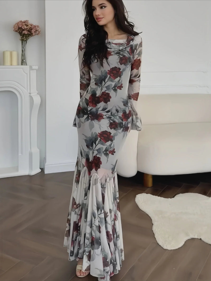 Floral Print Long Sleeve Romantic Party Dress