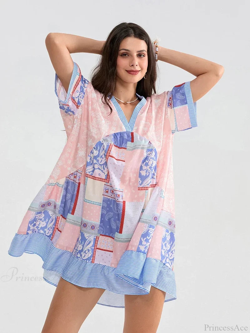 Floral Print Patchwork Flowy V-neck Loose A-Line Mini Floral Dress floraldress-250126