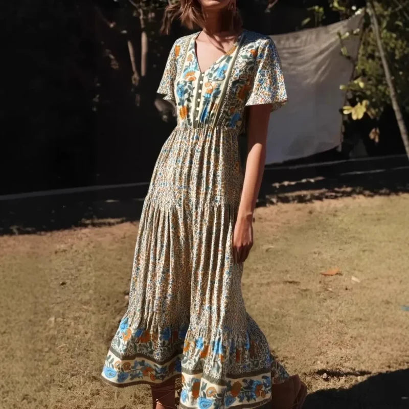 Floral Print Single Breasted V-neck Short Sleeve Summer Maxi Boho Dress Beige / S bohodress-250126
