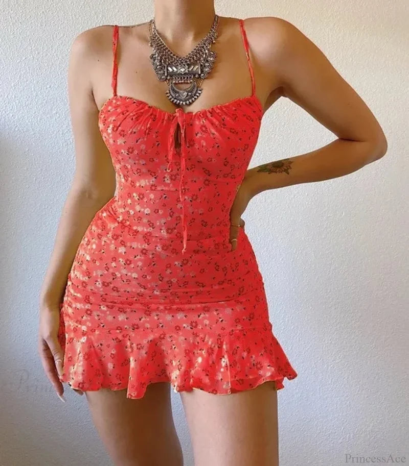Floral Print Spaghetti Strap Low Cut Lace-up Ruffled Floral Dress Red / S floraldress-250126