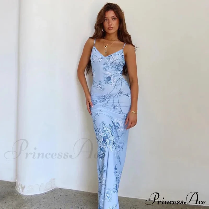 Floral Print Suspender V-Neck Maxi 2024 Chic Female Beach Party Club Bodycon Dress