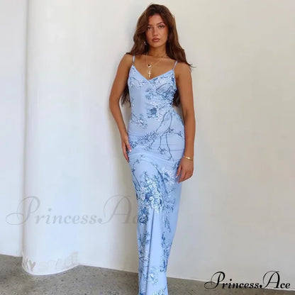 Floral Print Suspender V-Neck Maxi 2024 Chic Female Beach Party Club Bodycon Dress
