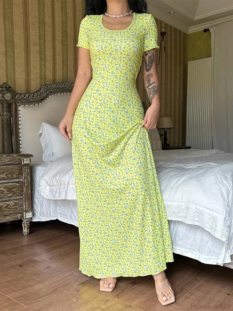 Floral Print T-Shirt Tie Back U-neck A-Line Long Floral Dress green1 / S floraldress-250126