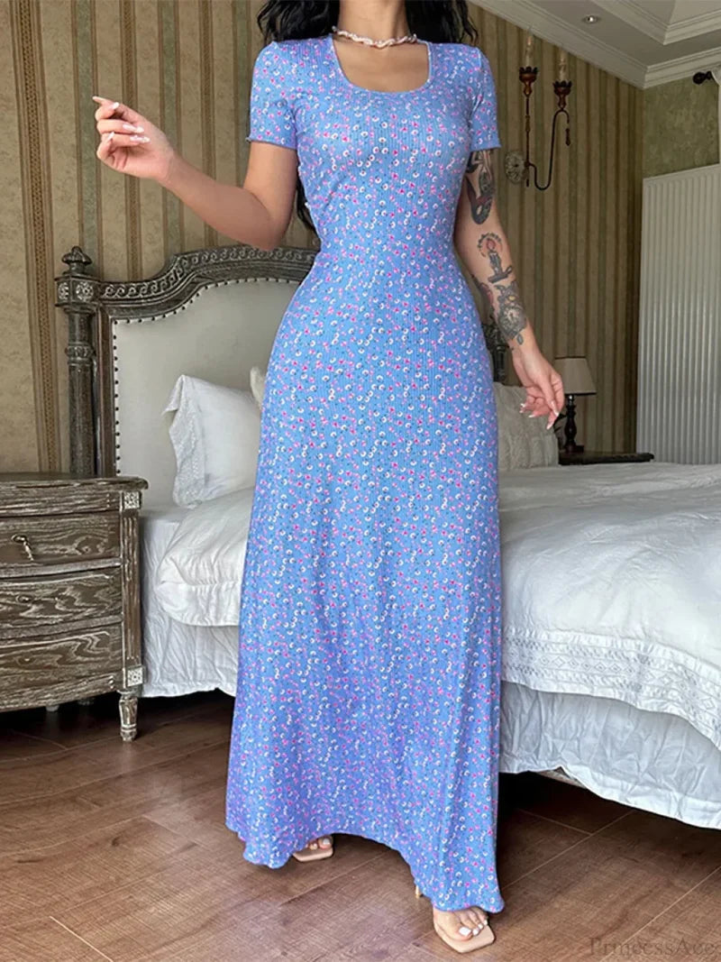 Floral Print T-Shirt Tie Back U-neck A-Line Long Floral Dress Blue1 / S floraldress-250126