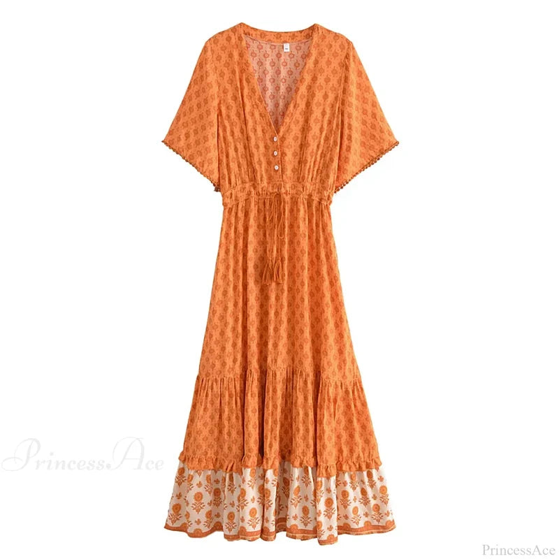 Floral Print Tassel V-neck Rayon Cotton Maxi Boho Dress bohodress-250126