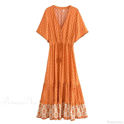 Floral Print Tassel V-neck Rayon Cotton Maxi Boho Dress bohodress-250126