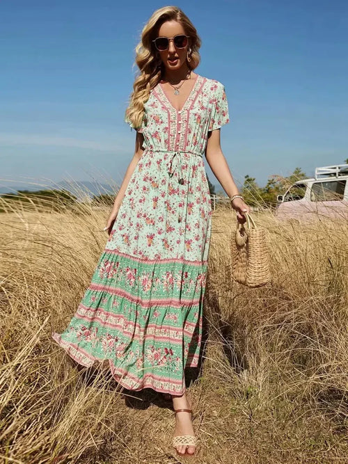 Floral Print V-neck Button Pleated Rayon Boho Dress GREEN / S bohodress-250126