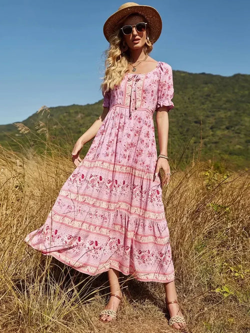 Floral Print V-neck Button Pleated Rayon Boho Dress bohodress-250126