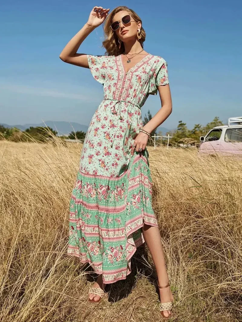 Floral Print V-neck Button Pleated Rayon Boho Dress bohodress-250126