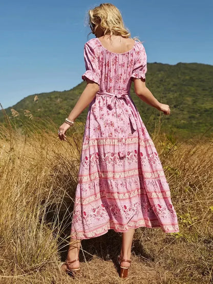 Floral Print V-neck Button Pleated Rayon Boho Dress bohodress-250126