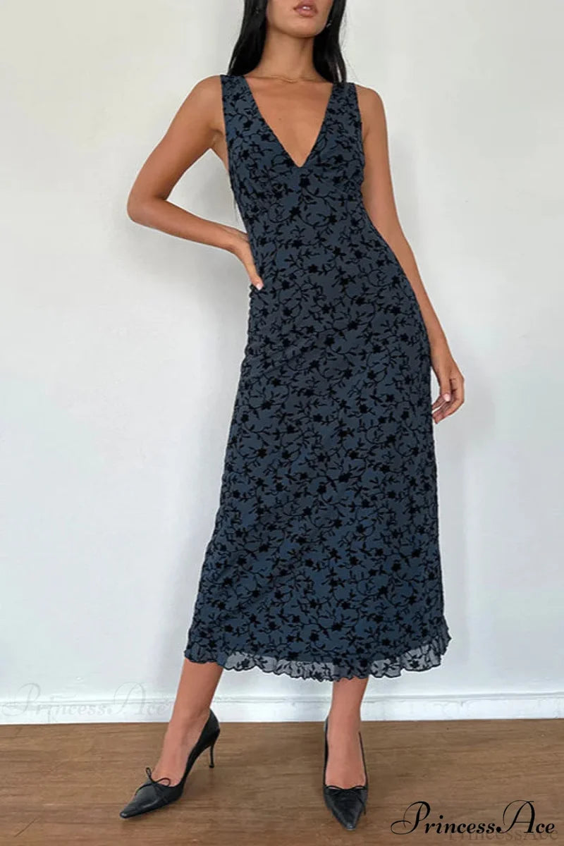 Floral Print V-Neck Sleeveless Fitted Party Dress
