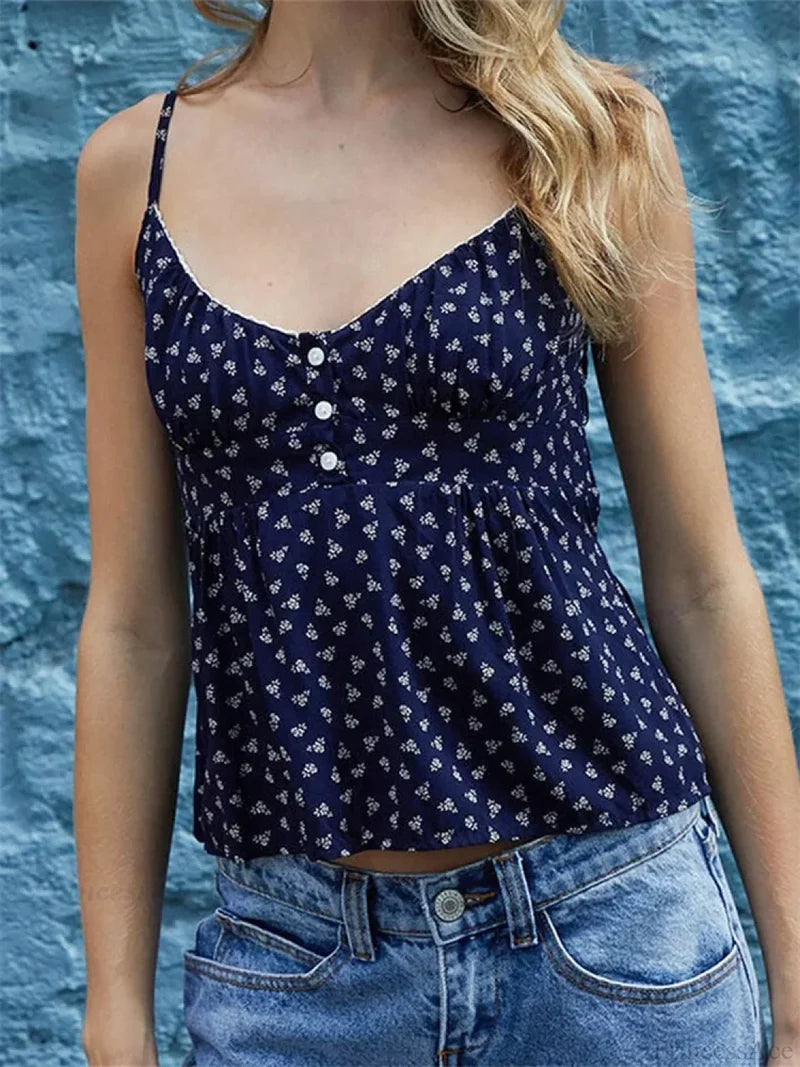 Floral Print V-neck Tie-up Spaghetti Crop Top BLACK2 / S croptop-250126