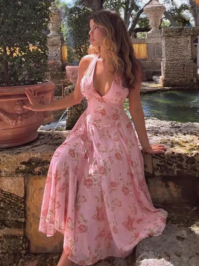 Floral Print Waist Wrap A-line Vacation Dress vacationdress-250223