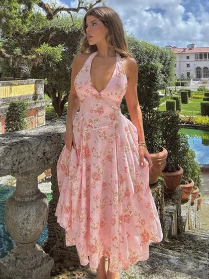 Floral Print Waist Wrap A-line Vacation Dress vacationdress-250223