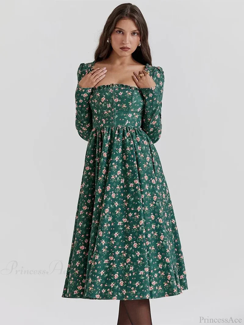 Floral Printed Backless Square Neck Midi Floral Dress floraldress-250126