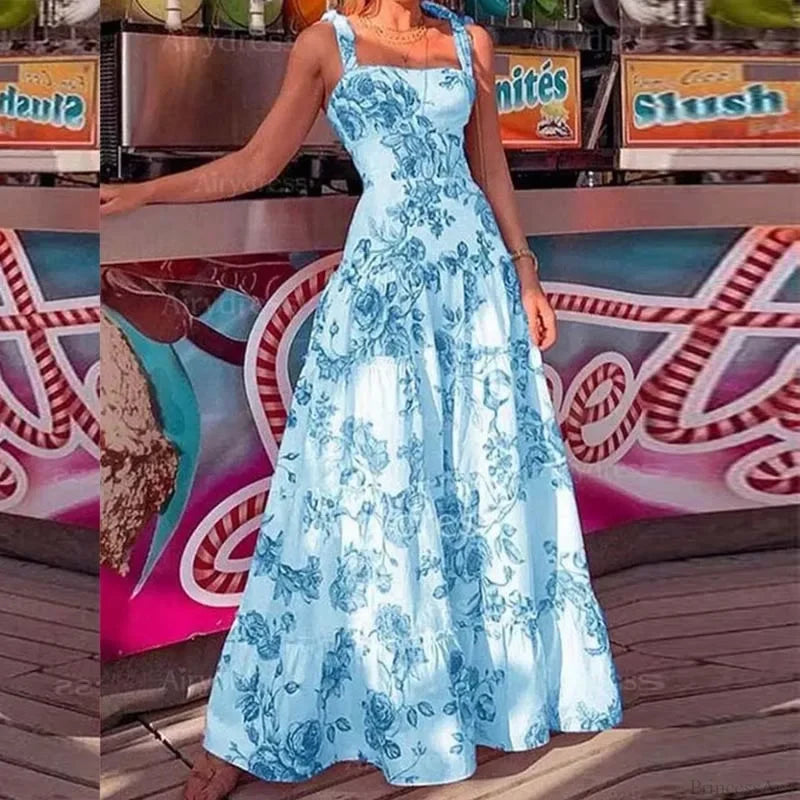 Floral Spaghetti Strap High Waist Maxi Dress Blue / S floraldress-250126
