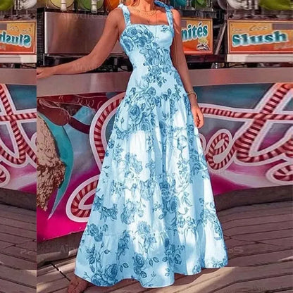 Floral Spaghetti Strap High Waist Maxi Dress Blue / S floraldress-250126