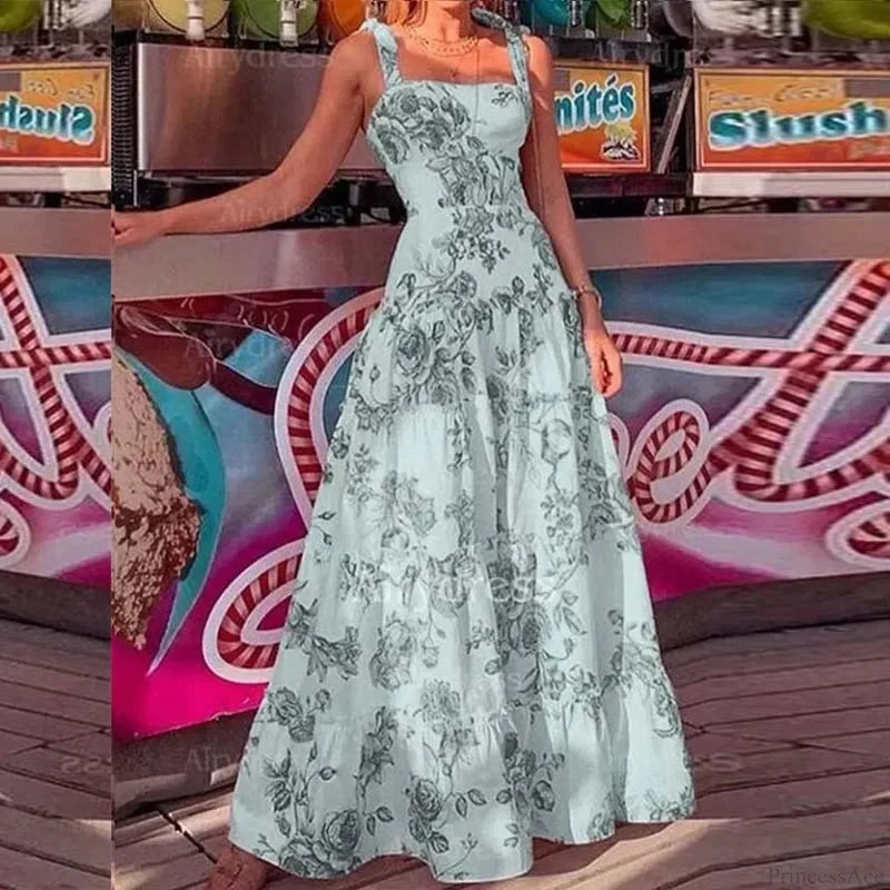 Floral Spaghetti Strap High Waist Maxi Dress GRAY / S floraldress-250126