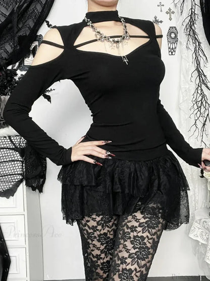 Floral Square Collar Knit Top Black / XS