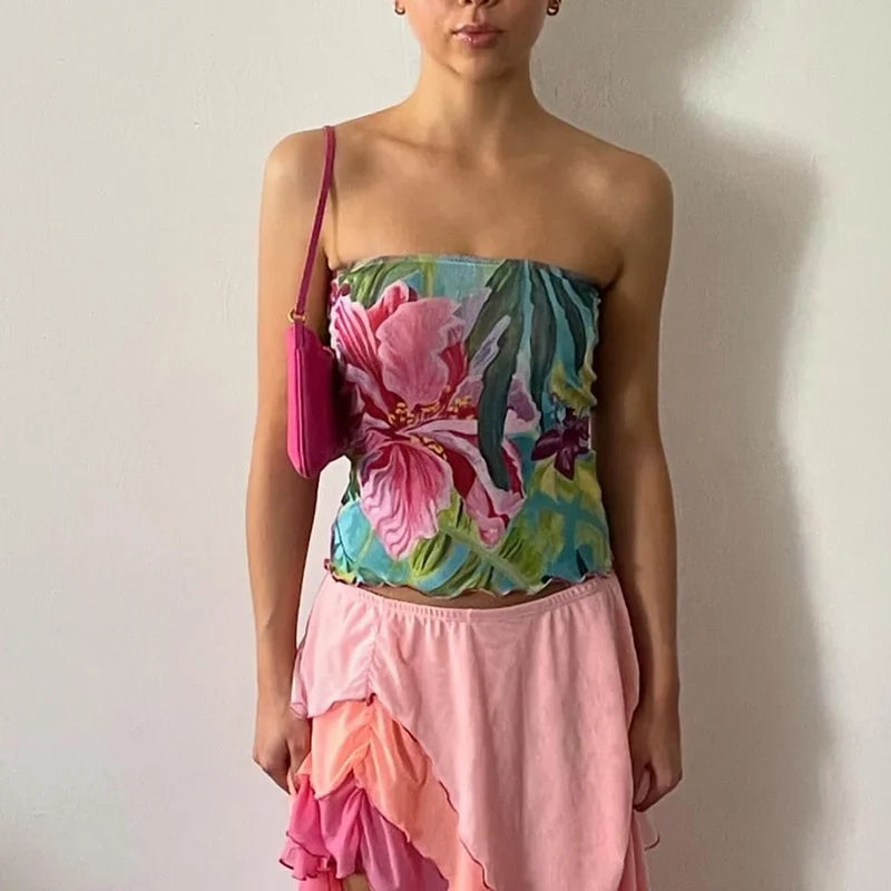 Floral Strapless Slim Crop Top